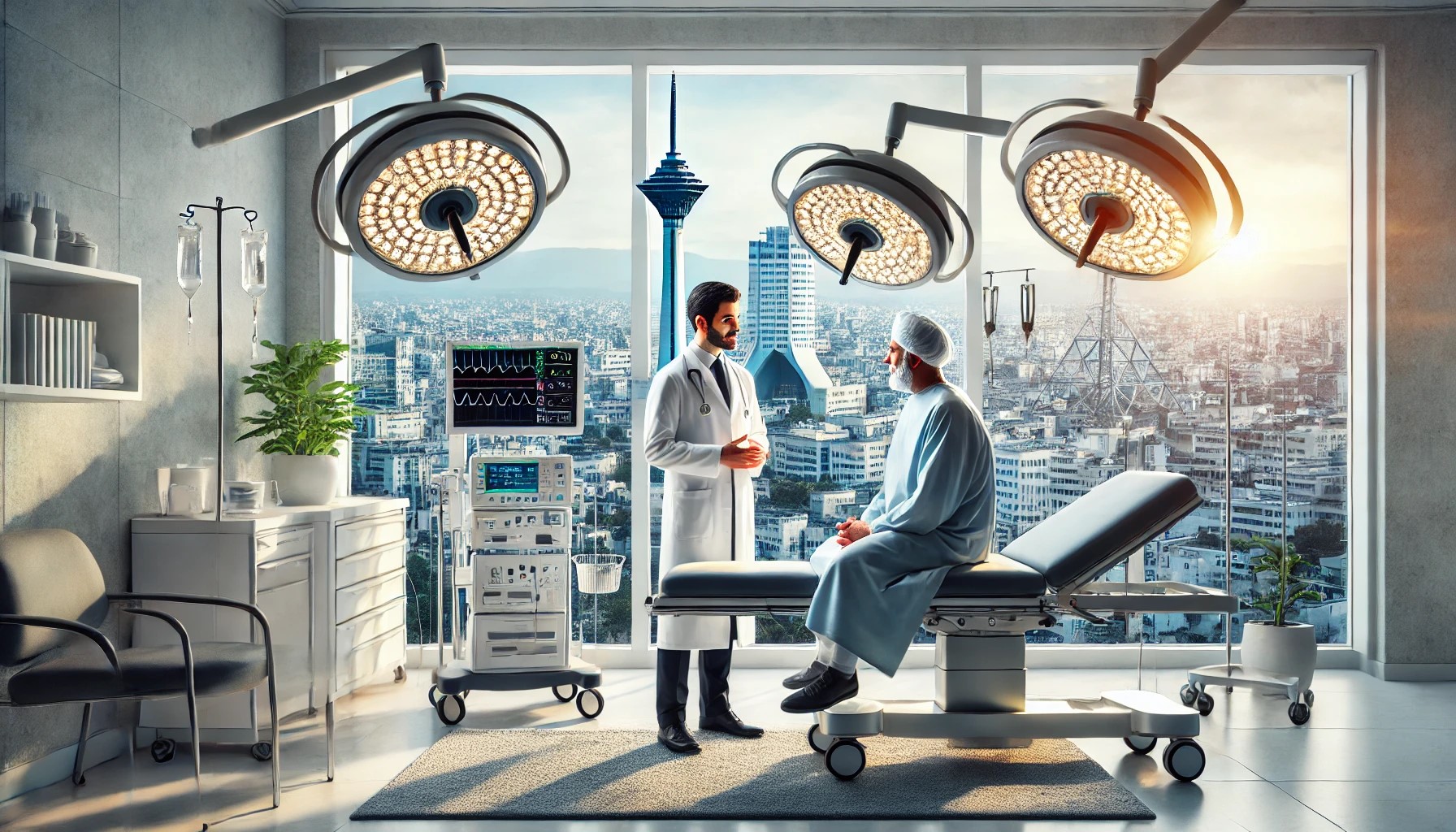 "Medical Tourism in Tehran – A professional Iranian doctor consulting with an international patient in a modern clinic, highlighting advanced healthcare services in Iran."