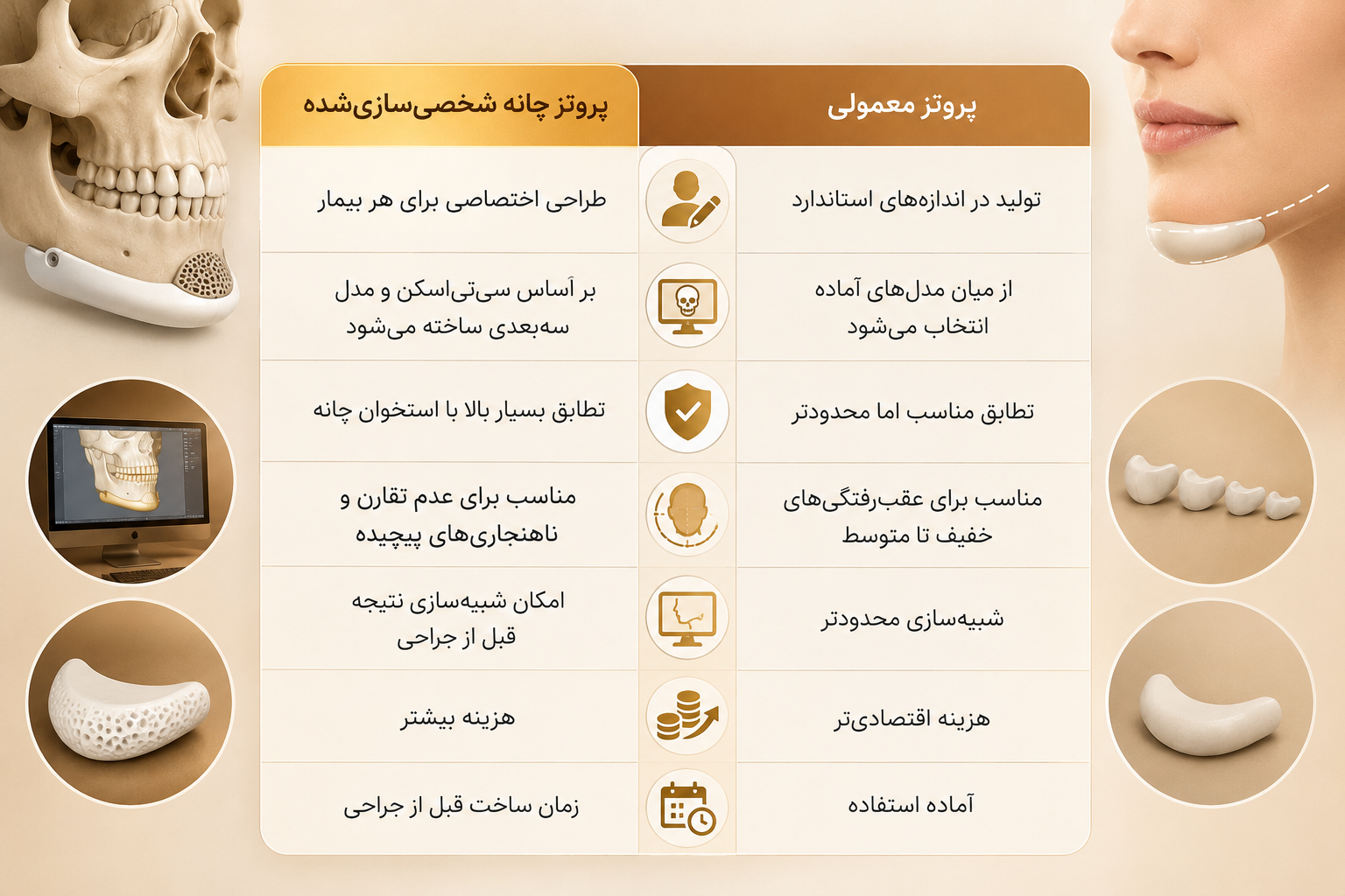 جدول مقایسه پروتز چانه شخصی‌سازی‌شده و پروتز معمولی